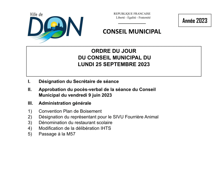 Conseil Municipal du lundi 25 septembre 2023